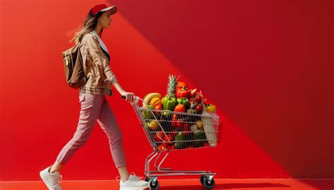 Premium Photo Woman Pushing Shopping Cart Full Of Food On Red Background