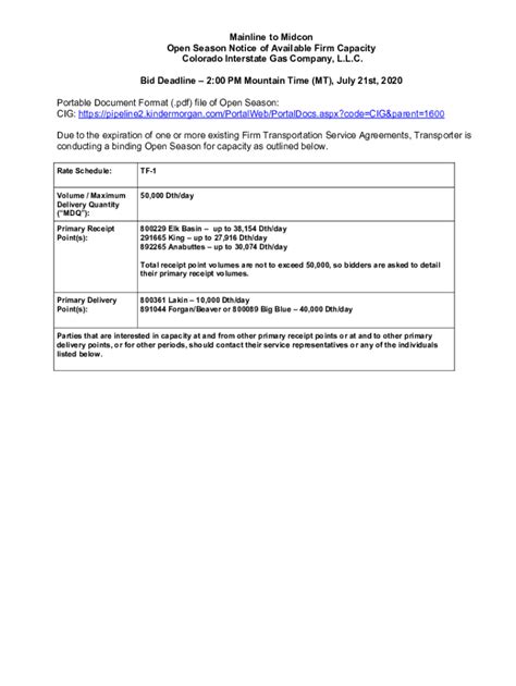 Fillable Online Notice Of Open Season For Firm Transportation Capacity