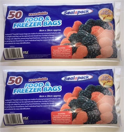 2x Sealapack 50 Resealable Food And Freezer Bags 18cm X 20cm