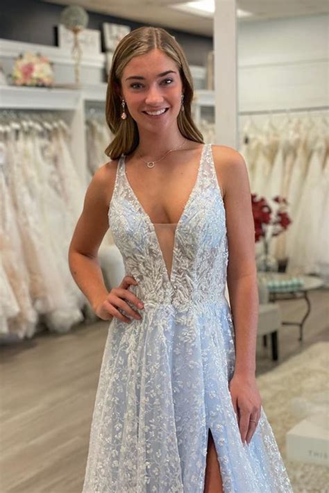 A Line V Neck Light Blue Lace Long Prom Dress With High Slit Light Bl