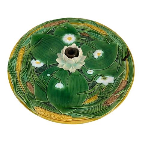 Minton Majolica Centerpiece Tray 15 In Lotus Flower On Green Ground