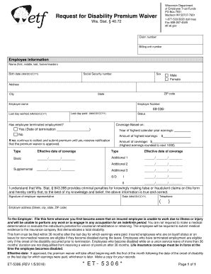 Fillable Online Etf Wi Request For Disability Premium Waiver Fax Email