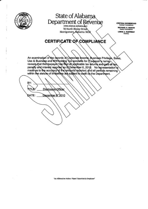 Certificate Of Compliance State Of Alabama Department Of Revenue