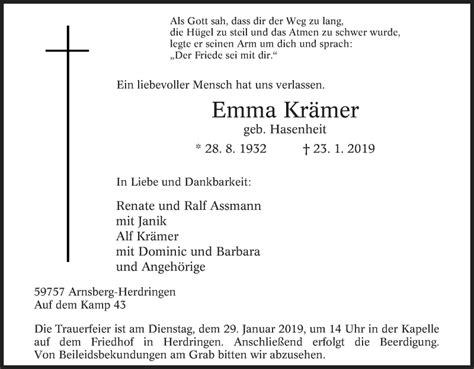 Traueranzeigen von Emma Krämer Trauer in NRW de