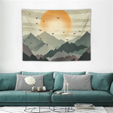 ONETECH Sage Green Mountain Tapestry Boho Abstract Sun Landscape Wall