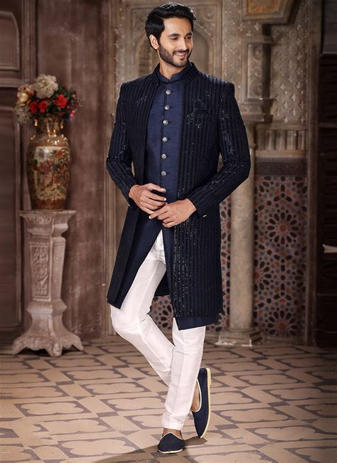 Buy Navy Blue Velvet Embroidered Work Indowestern Sherwani Wedding Wear