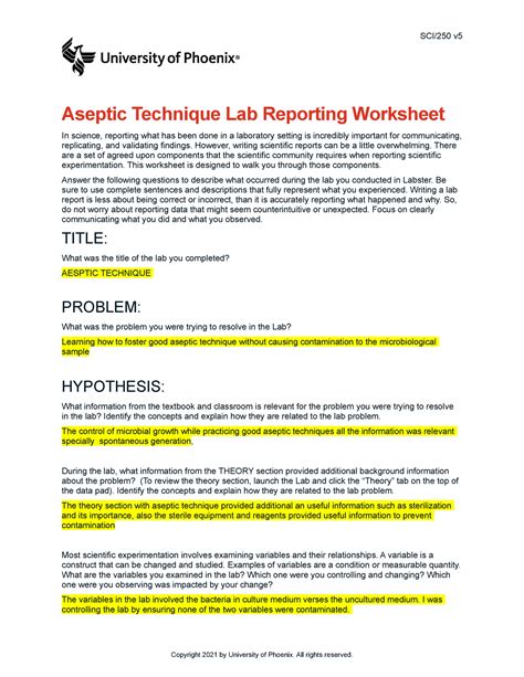 Aesptic Lab Report V5 Aseptic Technique Lab Reporting Worksheet In