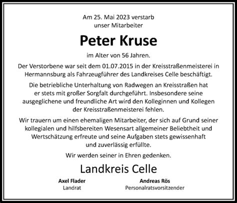 Traueranzeigen Von Peter Kruse Trauerportal Der Celleschen Zeitung