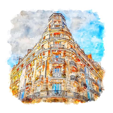 Architecture Paris France Watercolor Sketch Hand Drawn Illustration