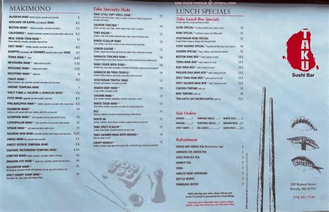 Menu at Taku Sushi Bar, Beverly