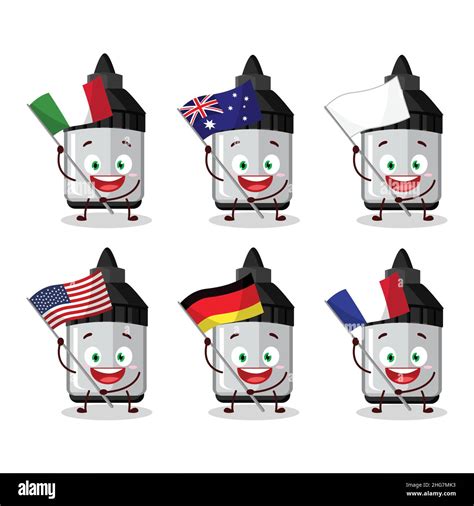 Whiteboard Marker Cartoon Character Bring The Flags Of Various