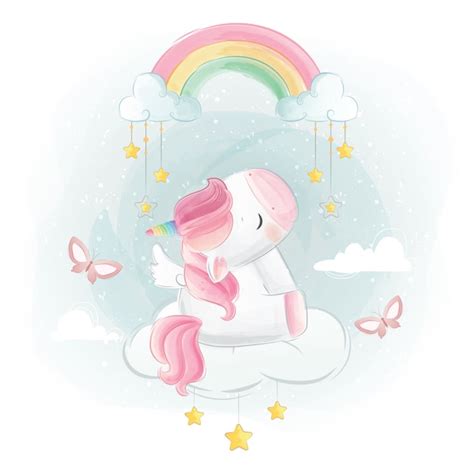 Premium Vector Cute Unicorn Sitting Under Rainbow