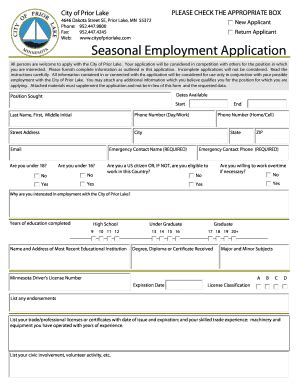 Fillable Online Seasonal Employment Application Prior Lake Minnesota