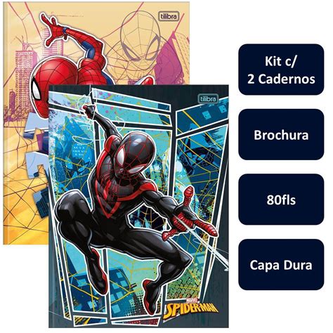 Kit 2un Caderno Brochura Grande 80fls Capa Dura Spider Man Marvel Homem