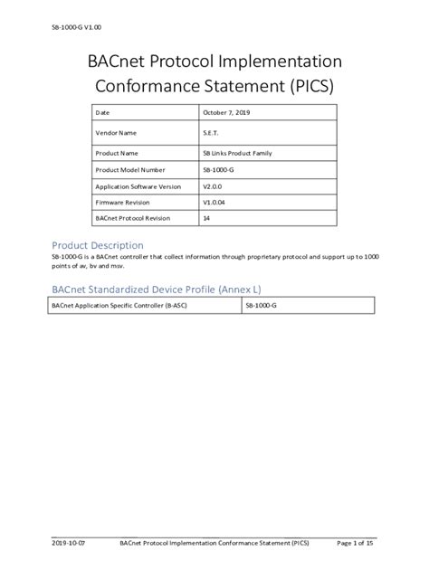 Fillable Online Bacnet Pics Protocol Implementation Conformance