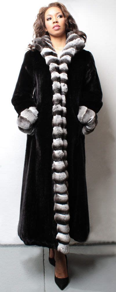 Full Length Ranch Mink Coat With Chinchilla Fur Tuxedo Trim Chinchilla