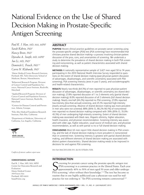 Pdf National Evidence On The Use Of Shared Decision Making In Prostate Specific Antigen Screening