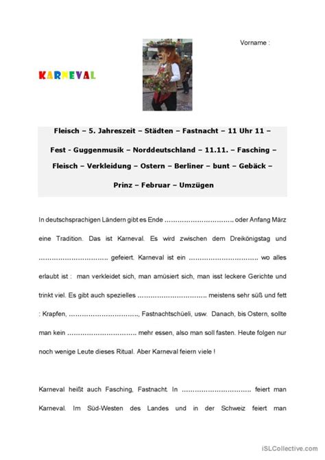 Karneval Arbeitsblatt A1 allgemeine Deutsch DAF Arbeitsblätter pdf doc