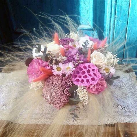 Bouquet Con Flor Seca Y Hortensia Preservada En Tonos Lilas Rosas Y