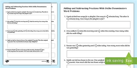 Adding And Subtracting Fractions With Unlike Denominators Word Problems For