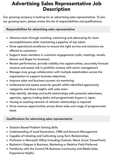 Advertising Sales Representative Job Description Velvet Jobs