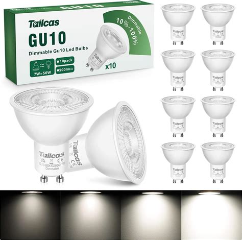 Tailcas Gu10 Led Bulbs Dimmable Cool White 6000k Spotlight Daylight