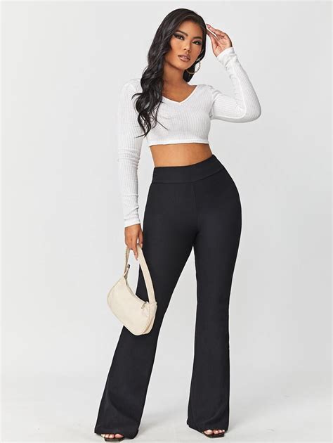 Shein Sxy Solid Rib Knit Flare Leg Trousers Shein Uk