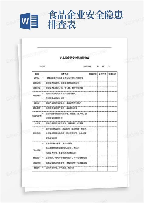 安全防护幼儿园食品安全隐患排查表Word模板下载 编号qabgpkjj 熊猫办公