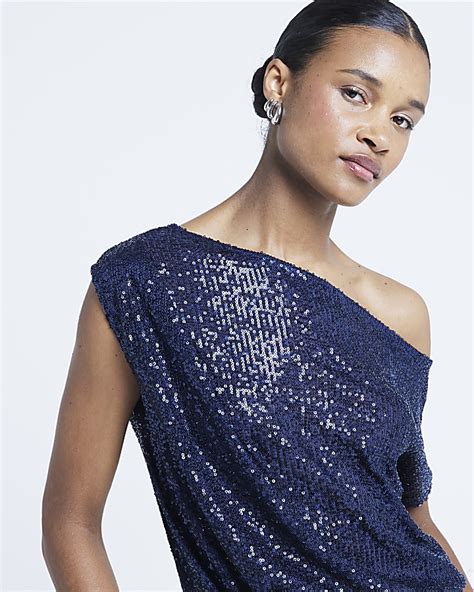 Navy Off Shoulder Sequin Top River Island