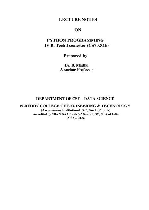 Python Programming Digital Notes Dr B Madhu Lecture Notes On