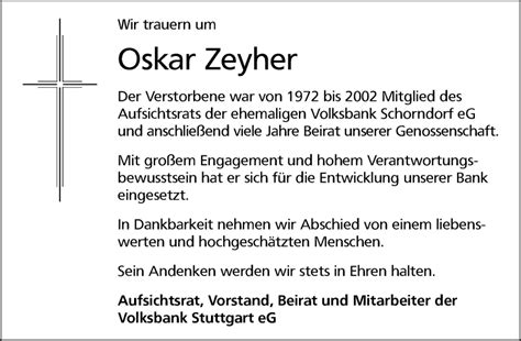 Traueranzeigen Von Oskar Zeyher Zvw Trauer