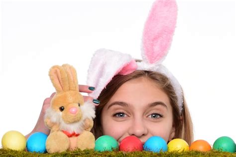 Premium Photo Easter Girl Look Out In Rabbit Bunny Ears With Egg Hunt