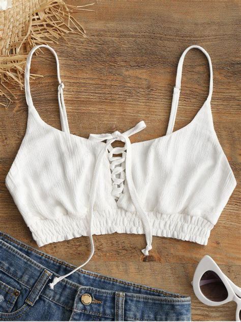 13 OFF 2021 Lace Up Crop Camis In WHITE ZAFUL