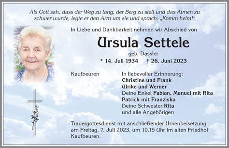 Traueranzeigen Von Ursula Settele Augsburger Allgemeine Zeitung