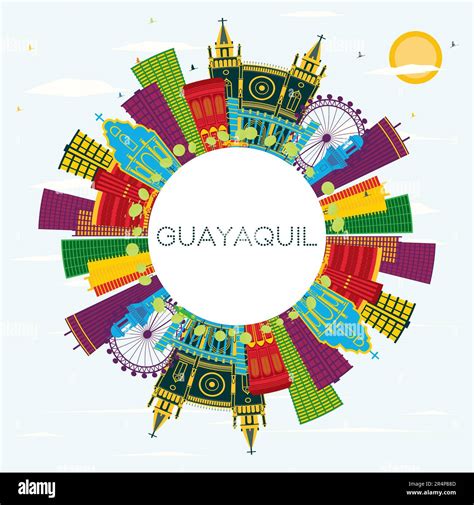 Guayaquil Ecuador City Skyline With Color Buildings Blue Sky And Copy