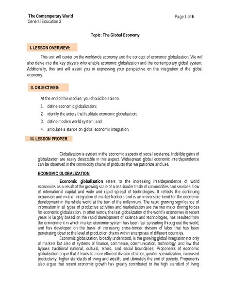 General Education 3: Economic Globalization and Its Key Players - Studocu