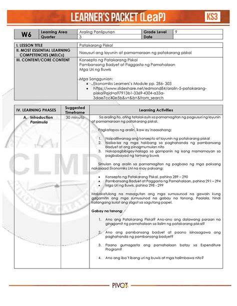 Lea P Ap G9 Week 6 Q3 Learning Sheet W Learning Area Araling