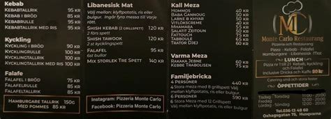 Menu at Pizzeria Monte Carlo Restaurang Jönköping