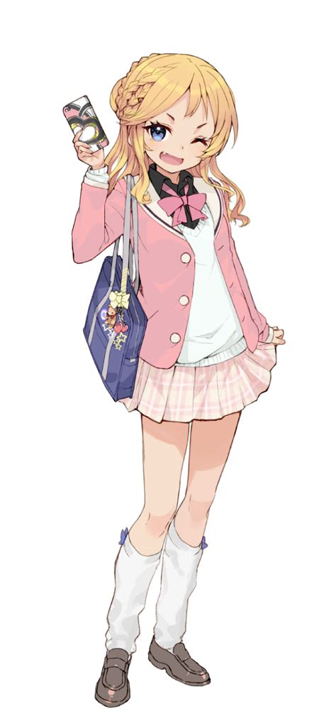 Safebooru 1girl Bag Blonde Hair Blue Eyes Cellphone Fang Highres Kneehighs Loafers Long Hair