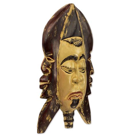 Hand Carved Wood African Mask 3 Faces From Ghana Three Men Novica