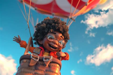 Afro Cartoon Character Going To The Hot Air Balloo Premium AI Generated Image