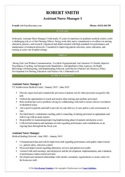 Assistant Nurse Manager Resume Samples Qwikresume