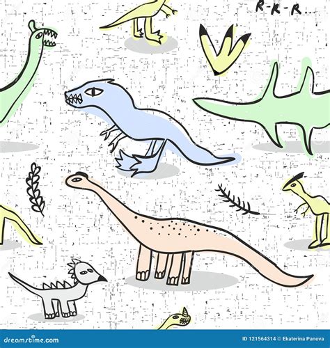 Seamless Pattern With Doodle Dinosaur Stock Vector Illustration Of