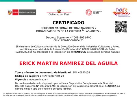 Certificado REN TC 007804 23 CERTIFICADO REGISTRO NACIONAL DE