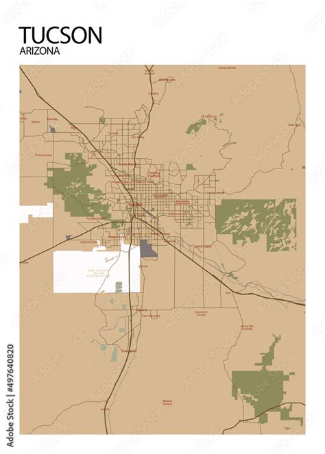 Poster Tucson - Arizona map. Road map. Illustration of Tucson - Arizona streets. Transportation ...