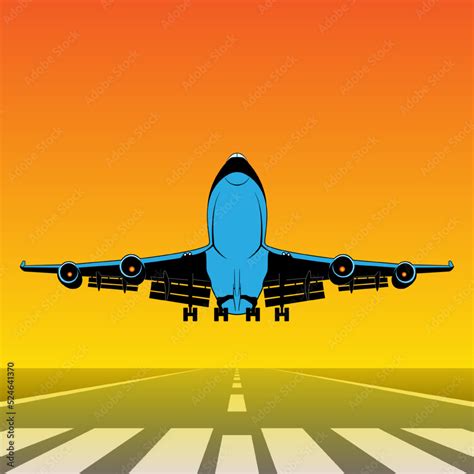 Takeoff of a passenger plane. Vector illustration of an airfield runway with an airplane taking ...