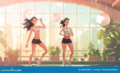 Happy Woman Exercising In Morning Gym Cartoon Style In The Morning