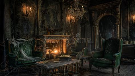 Dark Eerie Antique Living Room With Green Velvet Furniture Concept Of