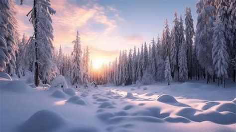 Premium AI Image | A snowy forest with a sunset in the background