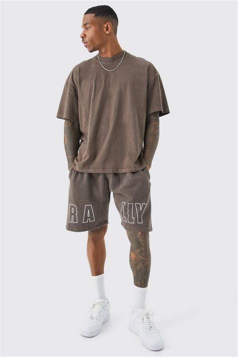 Mens Oversized Overdyed Rally T Shirt And Short Set Boohoo Uk